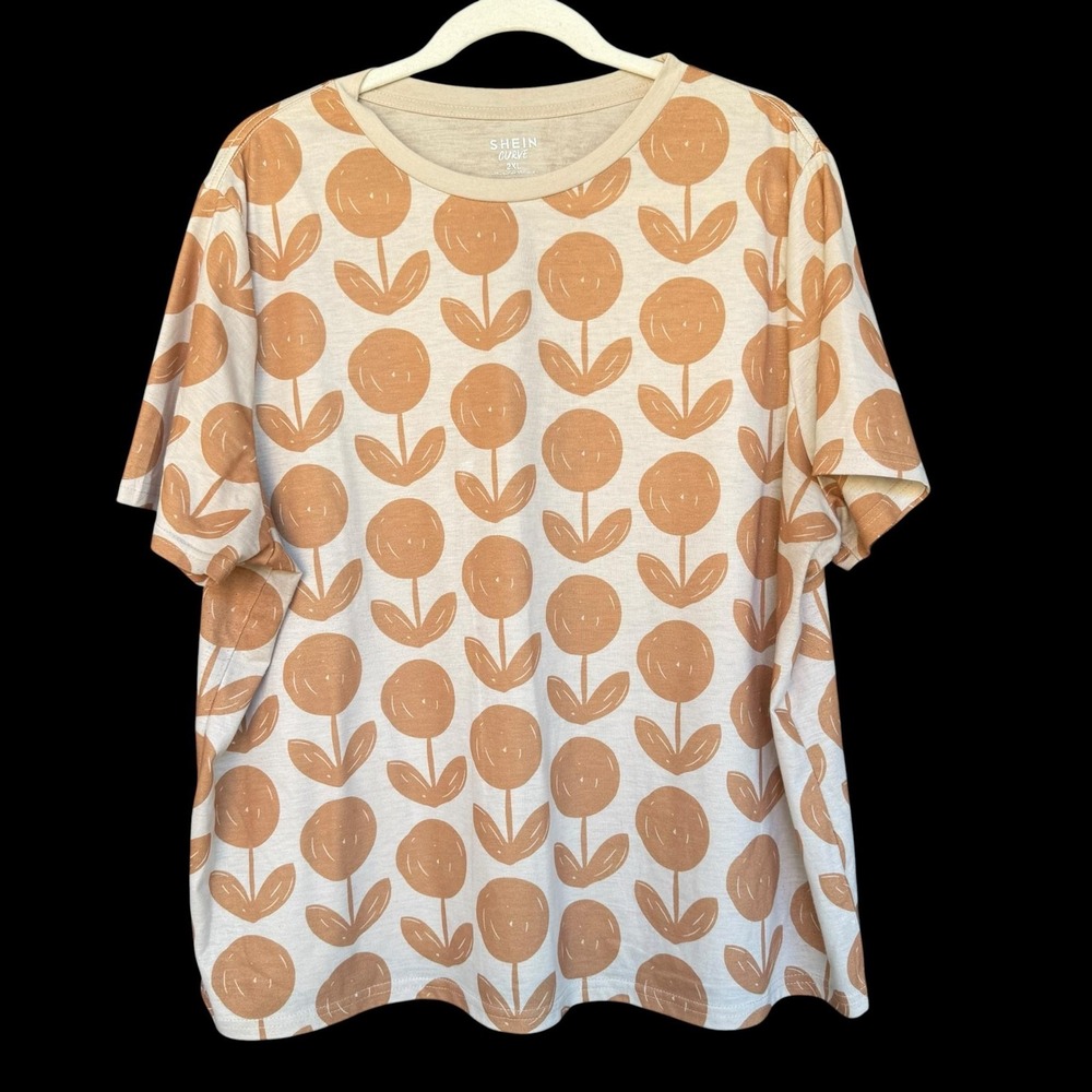 Shein Shirt Womens 2XL Beige Floral Print Relaxed Fit Tee Short Sleeve Top